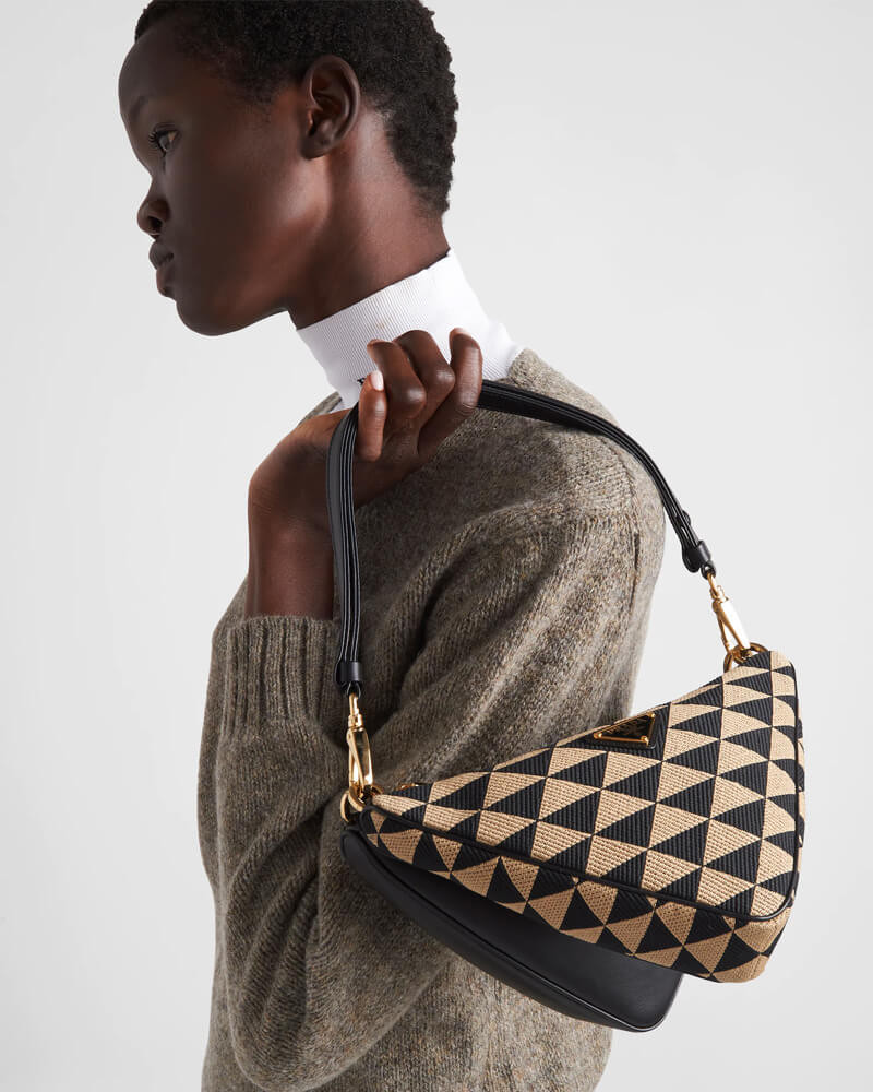 Prada Symbole Leather and Fabric Mini Bag 1BC176 Black/Beige