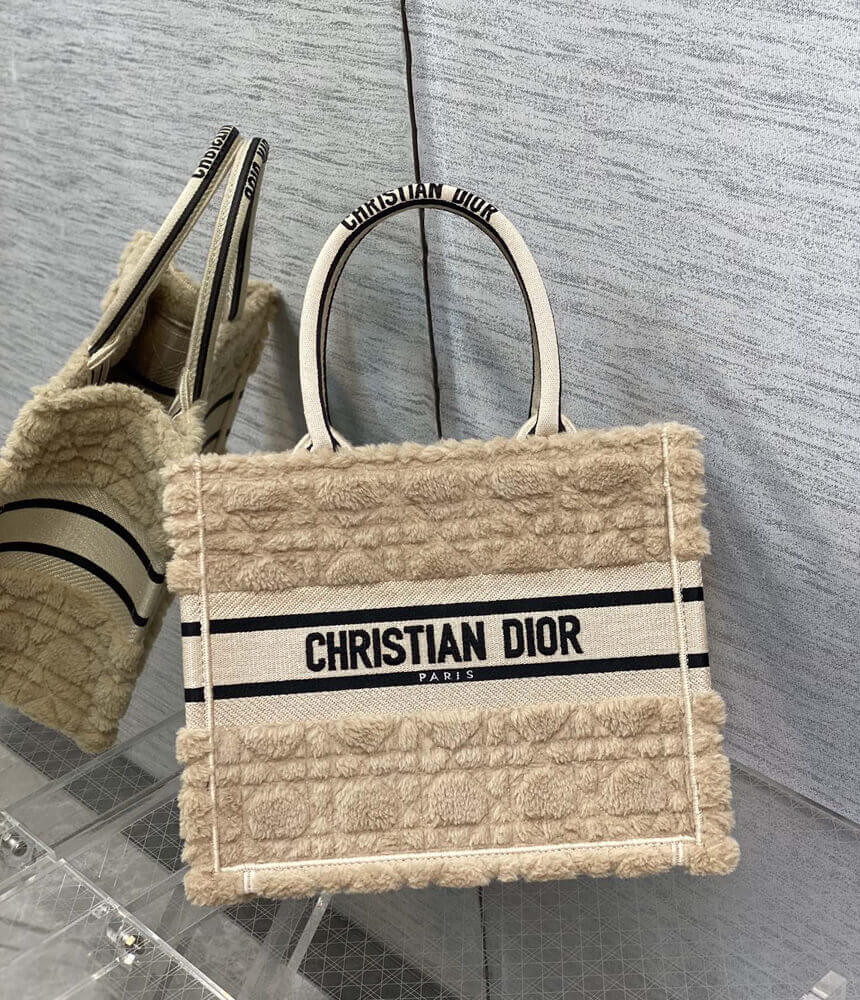 Christian Dior Small Book Tote Beige Cannage Shearling M1265