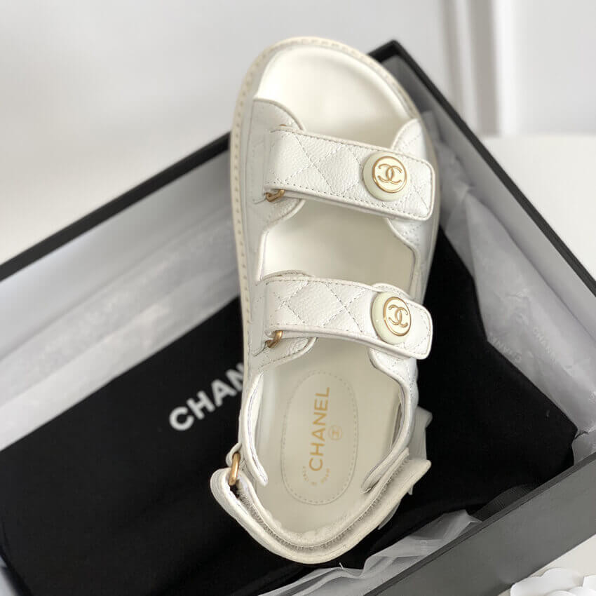 Chanel CC Button Velcro Sandals Grained Calfskin Leather 261157