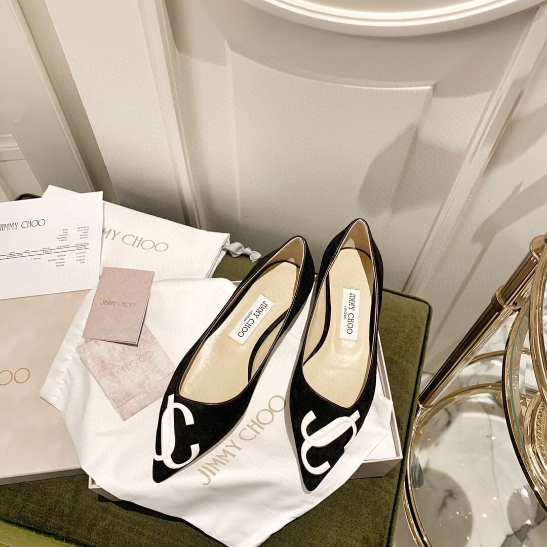 Jimmy Choo Love Flats Suede Pumps In Black and White Logo 231161