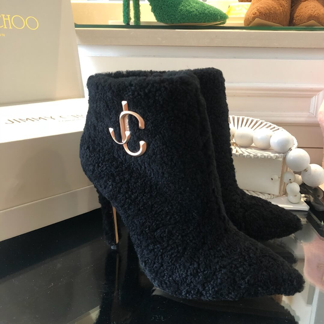 Jimmy Choo Shearling Ankle Bootie with Gold JC Logo 80259