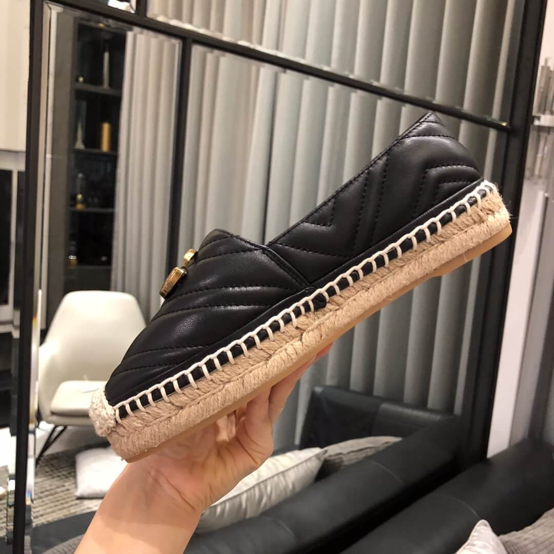 Gucci Chevron Leather Espadrille With Double G 551890 Black