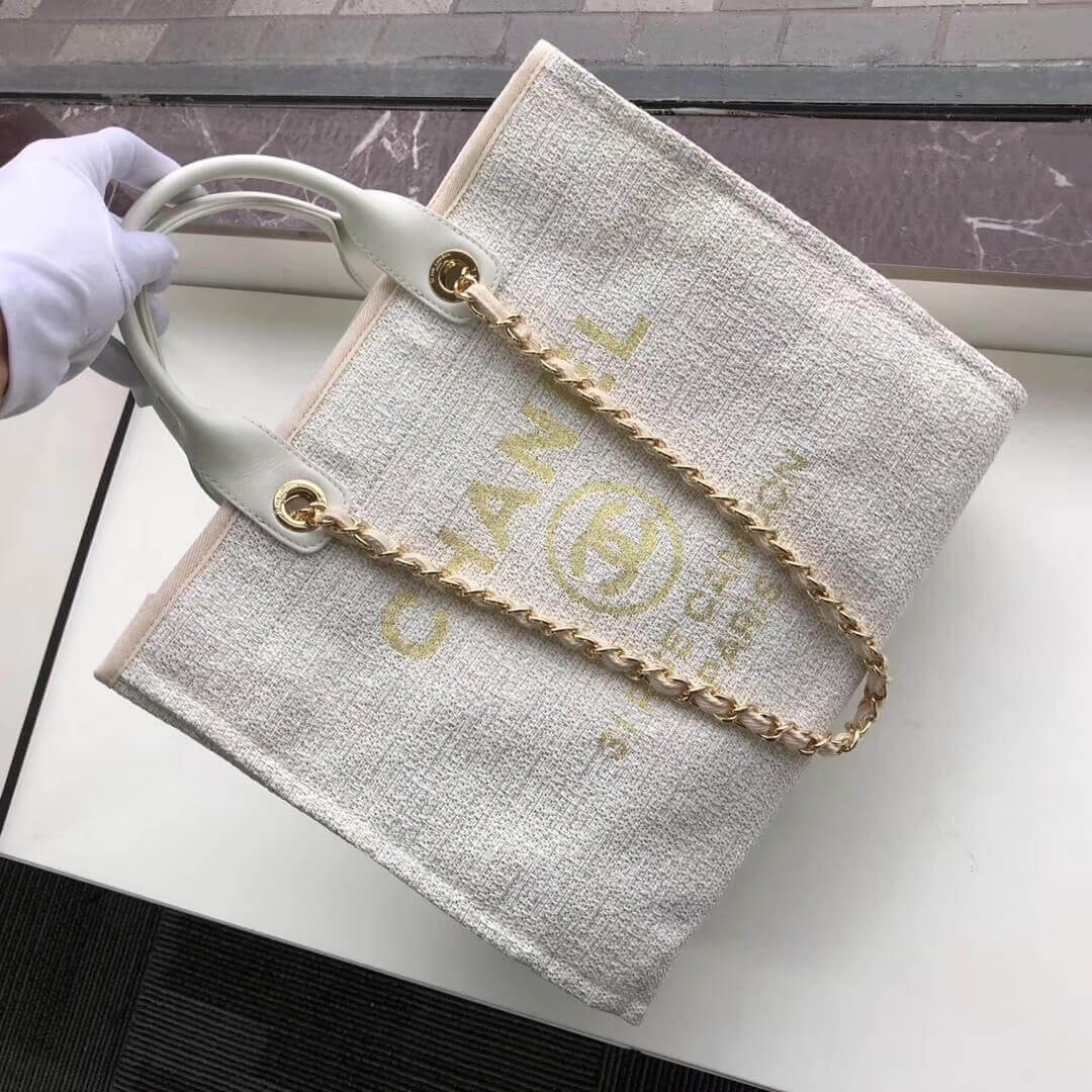 Chanel Deauville Tote 38cm Canvas Bag A66941 Beige/White