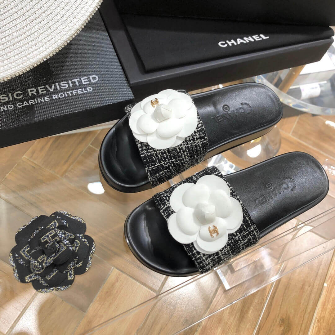 Chanel Camellia Iconic Tweed Flower Mules G14021