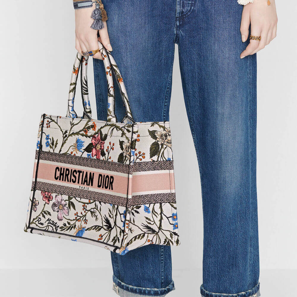 Christian Dior Small Book Tote Multicolor Rosa Mutabilis Embroidery M1296