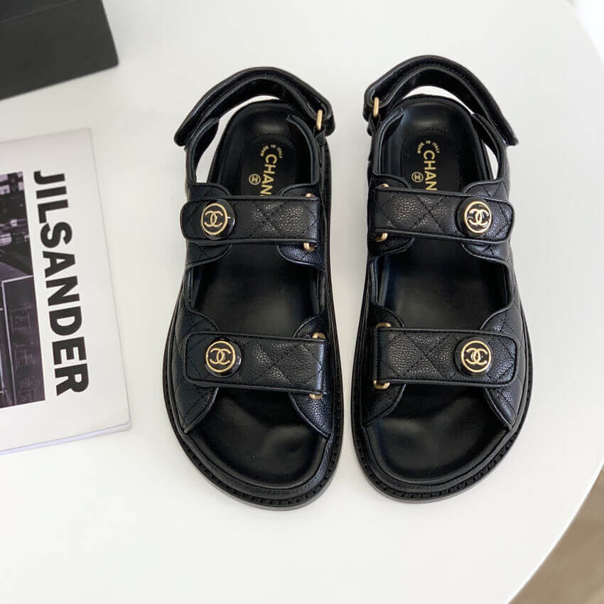 Chanel CC Button Velcro Sandals Grained Calfskin Leather 261157