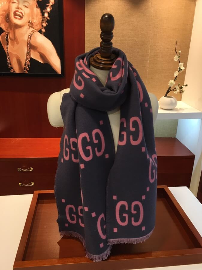 Gucci GG Jacquard Wool Silk Scarf 495592 Blue/Pink