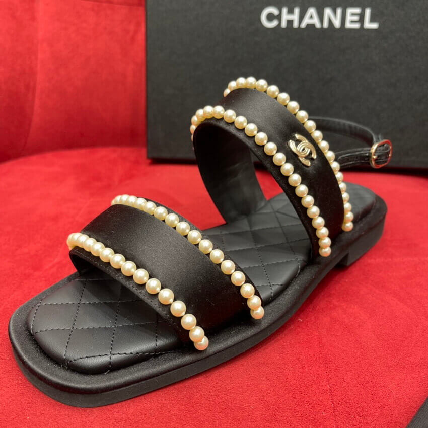 Chanel Satin & Imitation Pearls Sandals G38423 Black