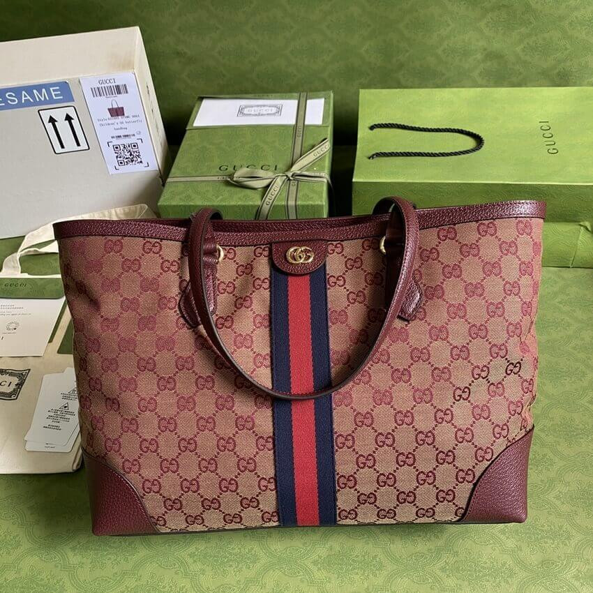 Gucci Ophidia Medium Tote With Web in Burgundy GG Canvas 631685