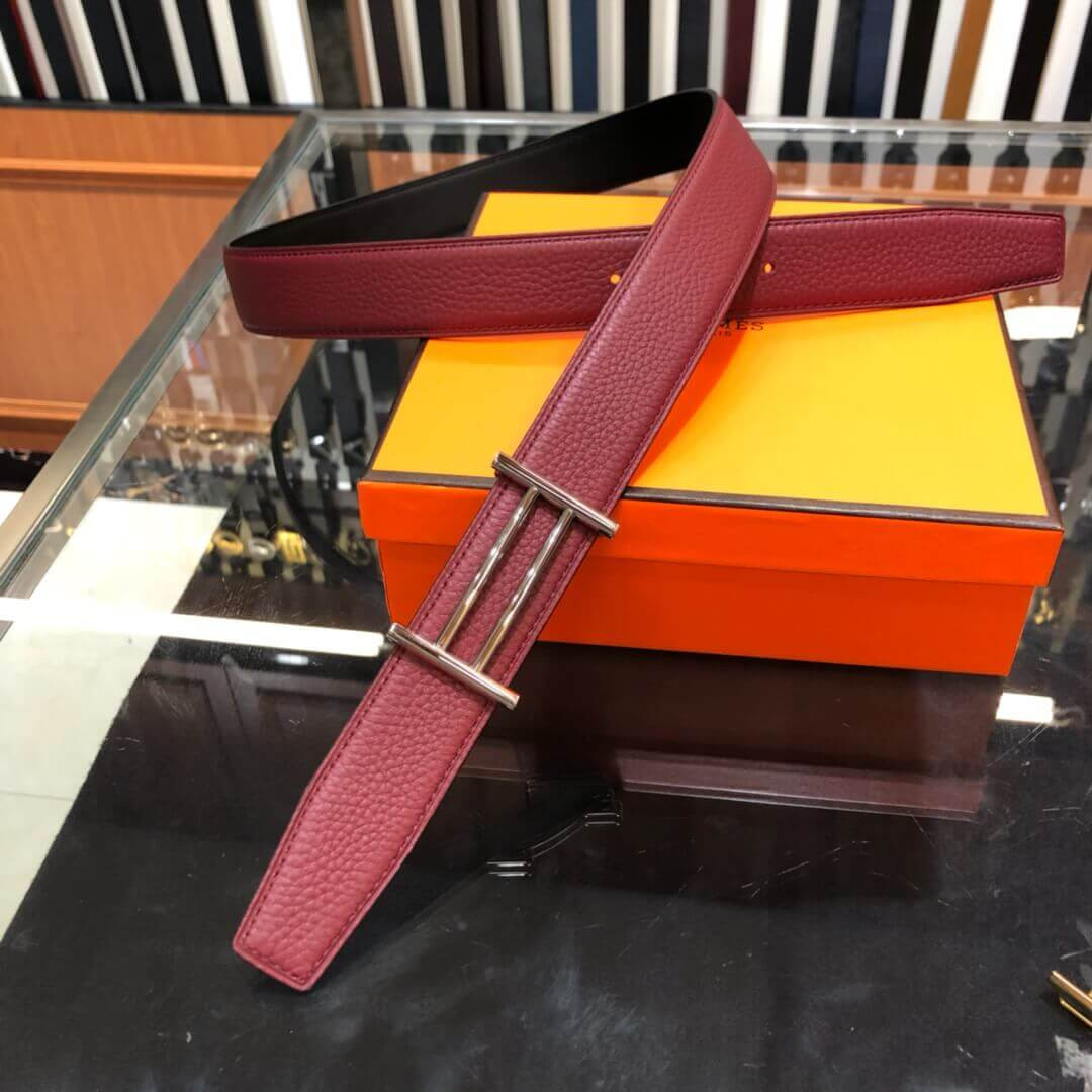 Hermes Rider Belt Buckle & Reversible Leather Strap 40mm H075372 Burgundy/Black