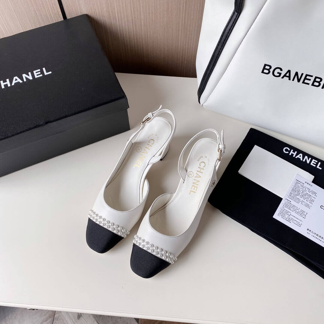 Chanel Pearl Embellished CC Cap Toe Slingbacks 36124