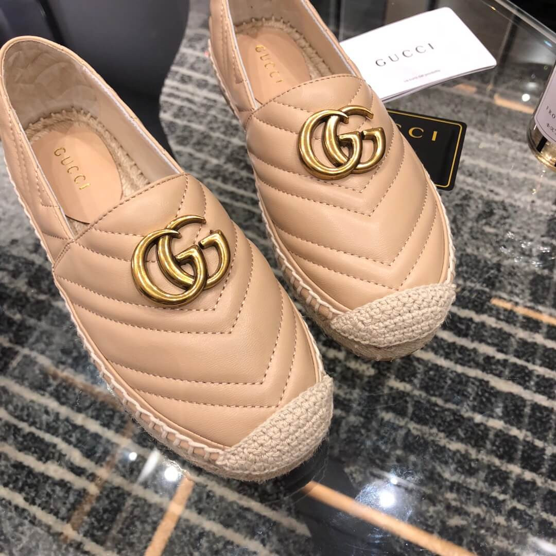 Gucci Chevron Leather Espadrille With Double G 551890 Beige