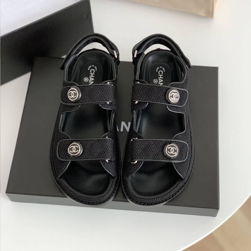 Chanel CC Button Velcro Sandals Technical Fabric/Calfskin Leather 261156