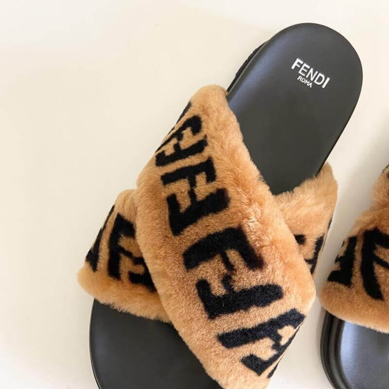Fendi Logo Shearling Fur Slides Sandals F126