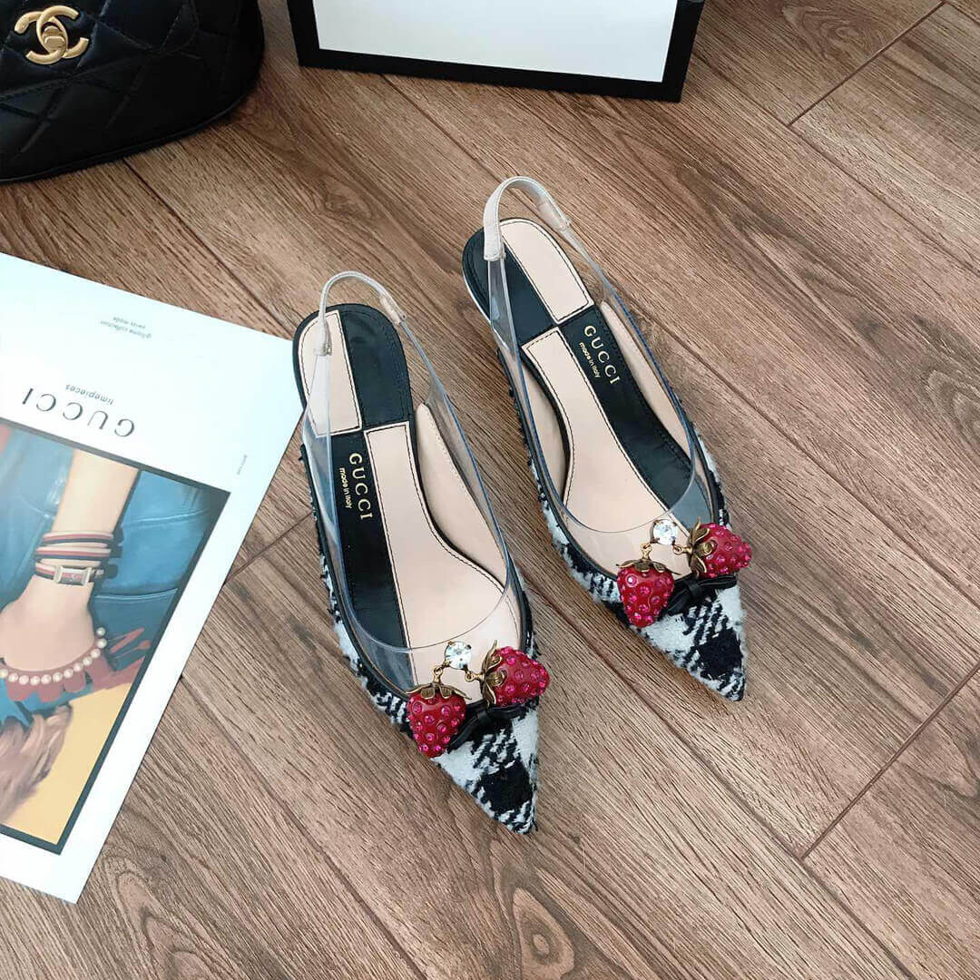 Gucci Eleonor Crystal-Strawberry Tweed Slingback Pumps 286148 Black