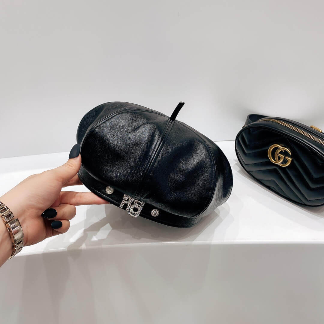 Alexander Wang Leather With Crystal Logo Beret Hat 1305