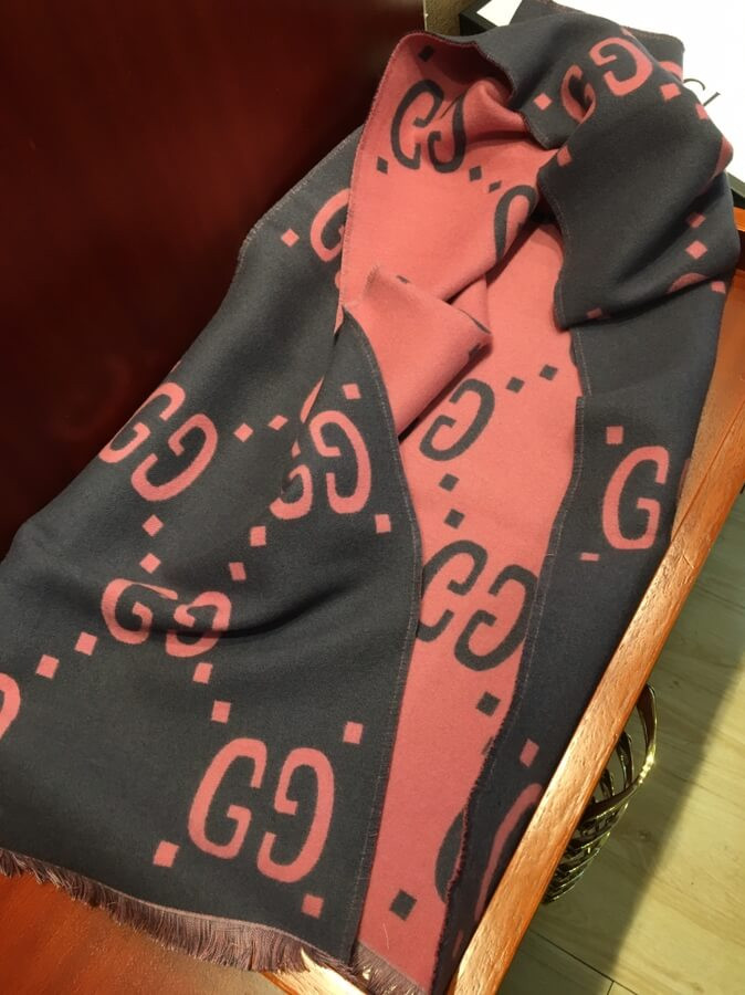 Gucci GG Jacquard Wool Silk Scarf 495592 Blue/Pink