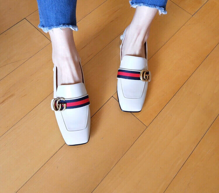 Gucci Calfskin Web Pearl Embellished Mid-Heel Loafer 423559