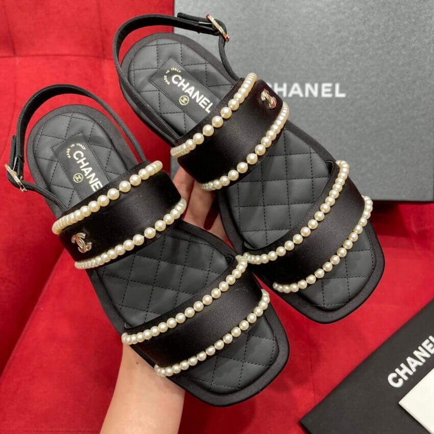 Chanel Satin & Imitation Pearls Sandals G38423 Black