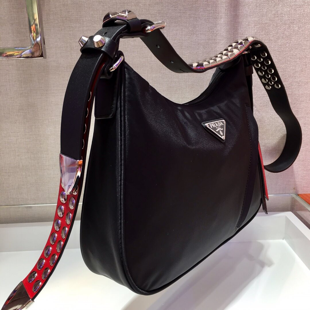 Prada Nylon Hobo Bag With Leather And Studs 1BC087