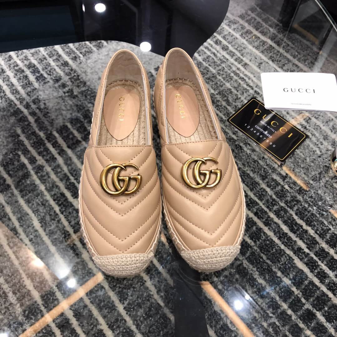 Gucci Chevron Leather Espadrille With Double G 551890 Beige