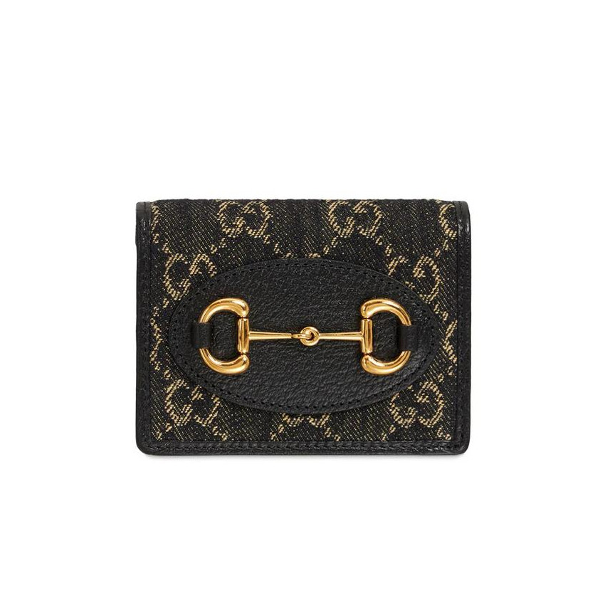 Gucci Horsebit 1955 Jacquard Card Case Wallet 621887 Black