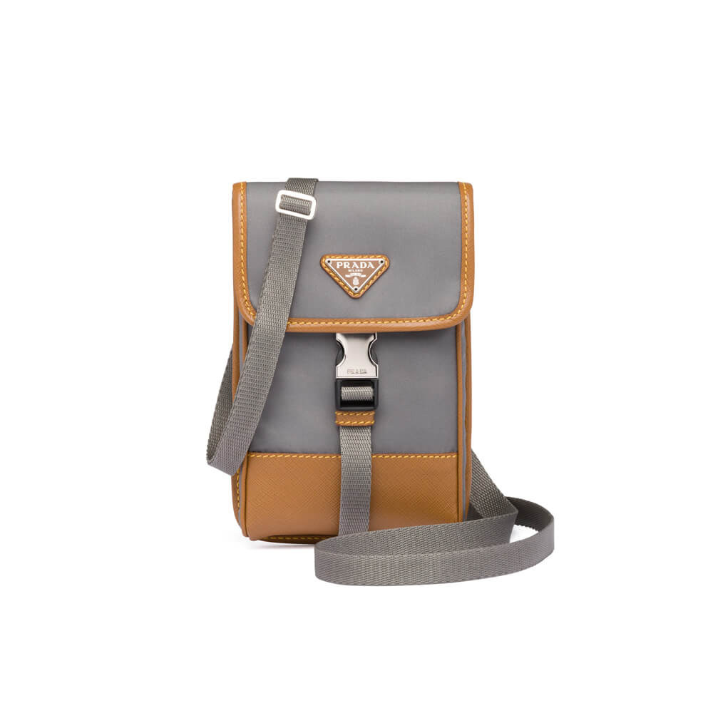 Prada Nylon and Saffiano Leather Smartphone Case 2ZH109 Gray/Caramel