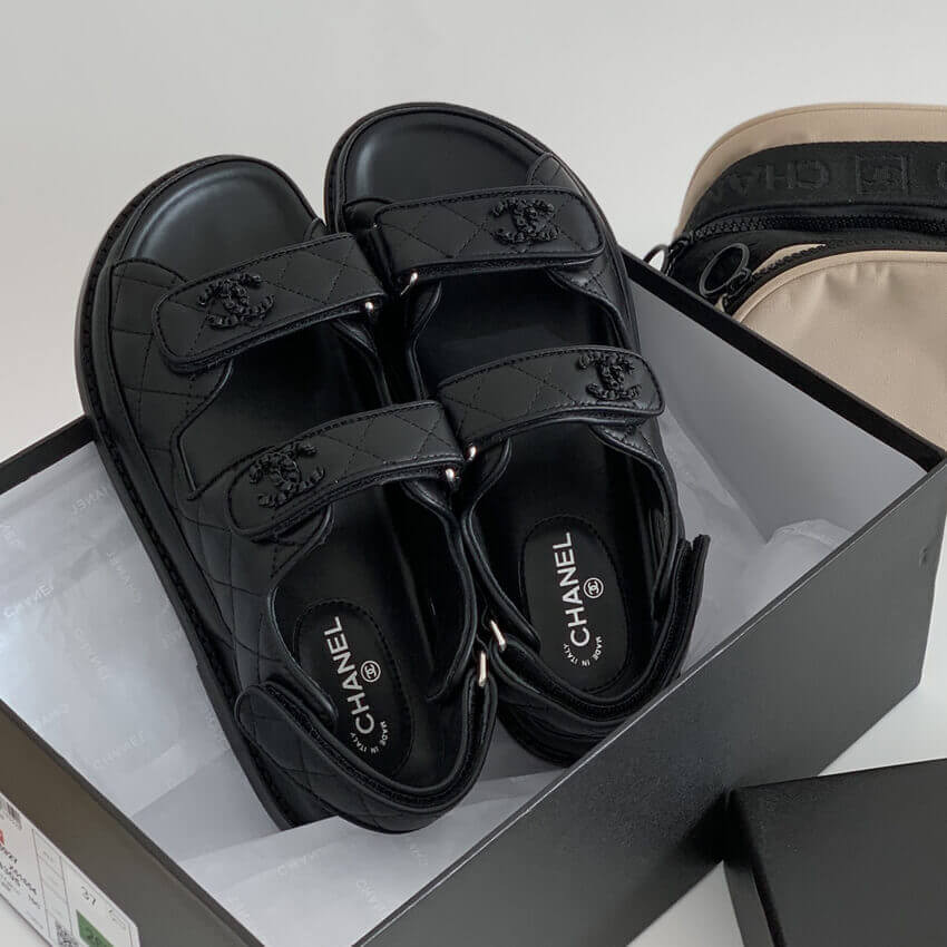 Chanel Caviar Gold CC Logo Velcro Dad Sandals G35927 Black