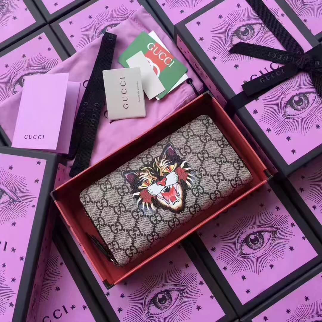 Gucci Angry Cat Print GG Supreme Zip Around Wallet 451273