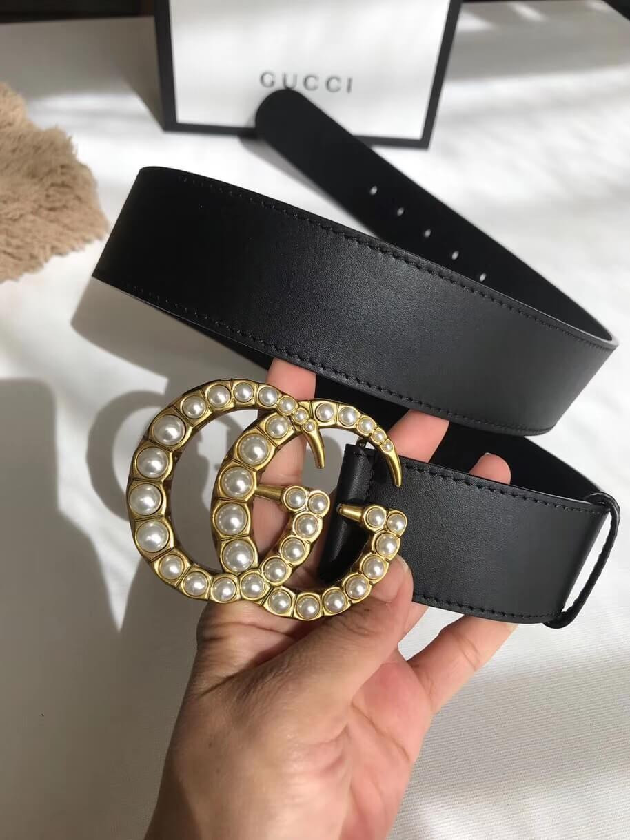 Gucci 40mm Leather Belt With Pearl Double G 453260