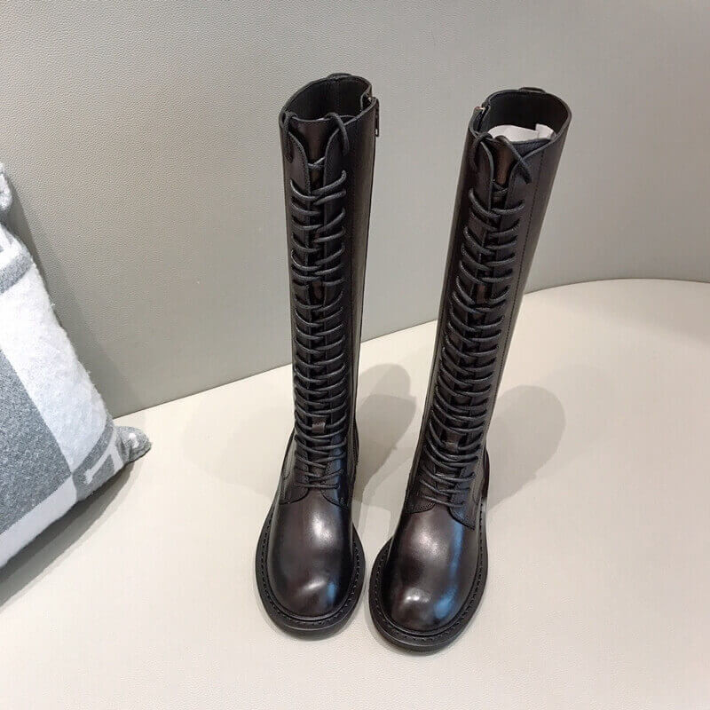 Ann Demeulemeester Black Lace-Up Knee-High Leather Boots A143