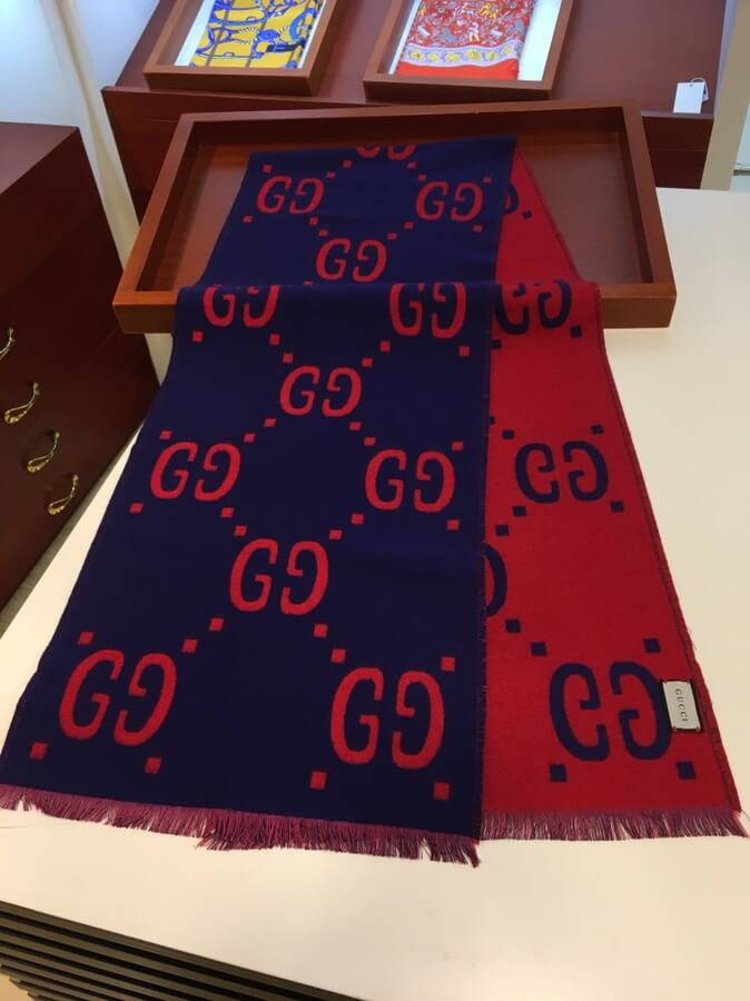 Gucci GG Jacquard Wool Silk Scarf 495592 Blue/Red