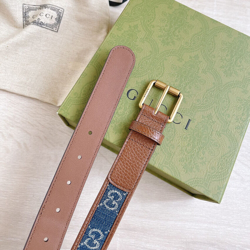 Gucci Belt With Square Buckle In Blue Denim 30mm 678694