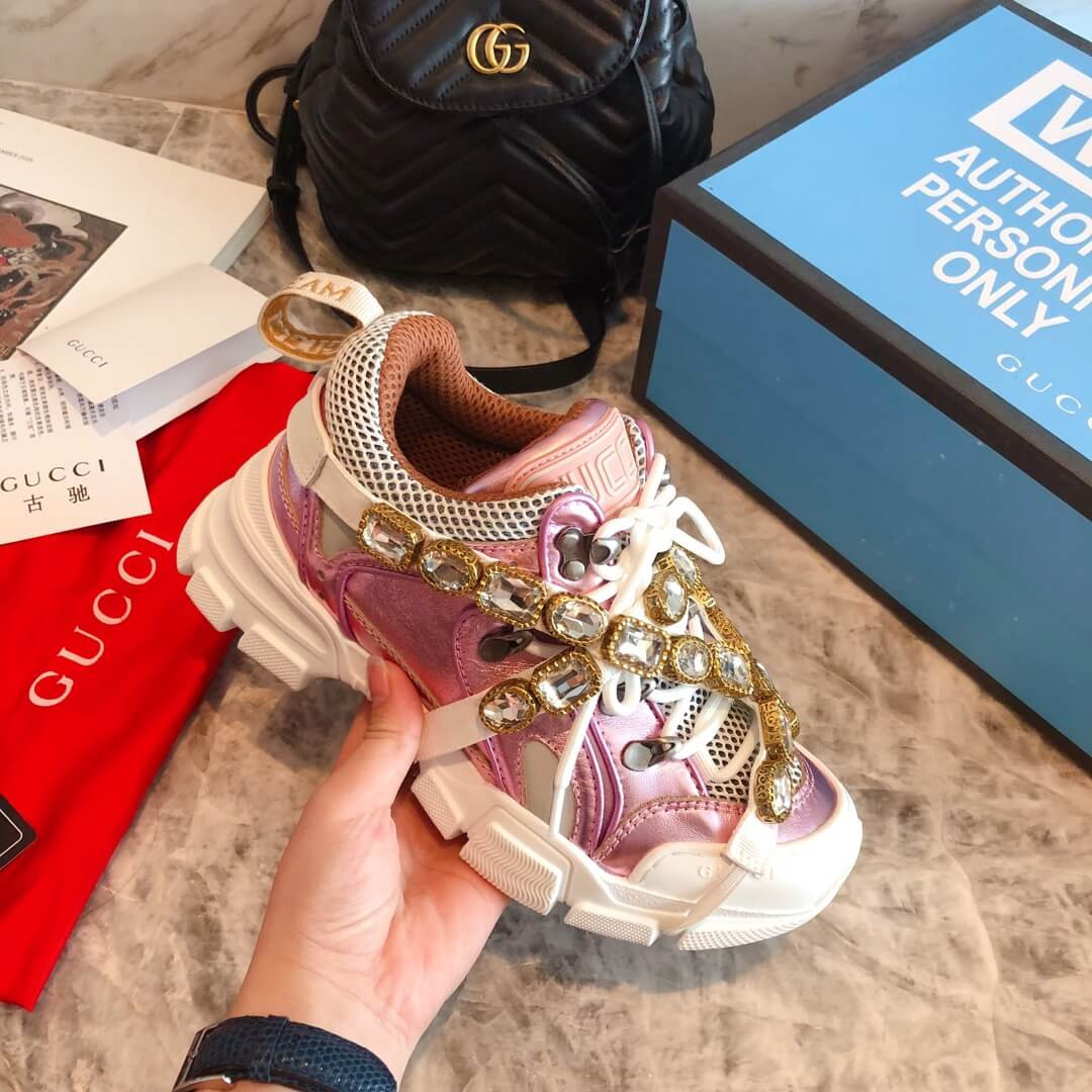Gucci Flashtrek Sneaker With Removable Crystals 537133 Pink Metallic