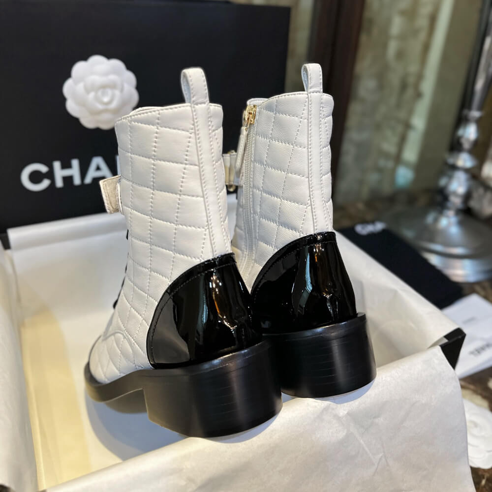 Chanel Quilted Lambskin & Patent Calfskin Lace Up Combat Boots G45005