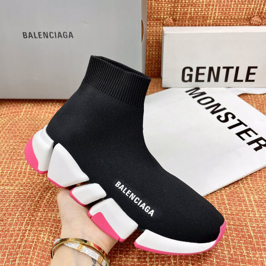 Balenciaga Speed 2.0 Knit Sock Sneakers 617239 Metallic Black/White/Pink