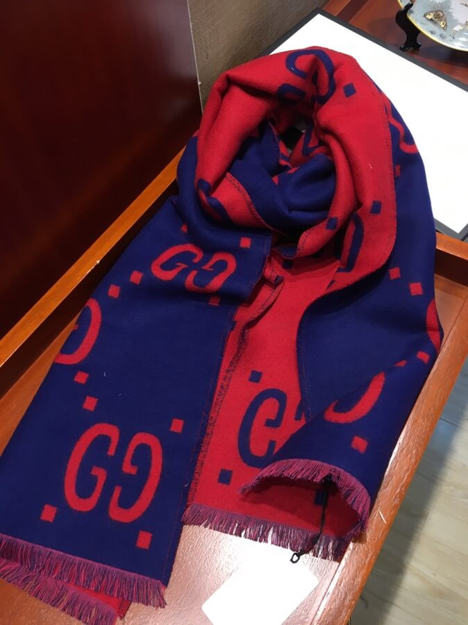Gucci GG Jacquard Wool Silk Scarf 495592 Blue/Red