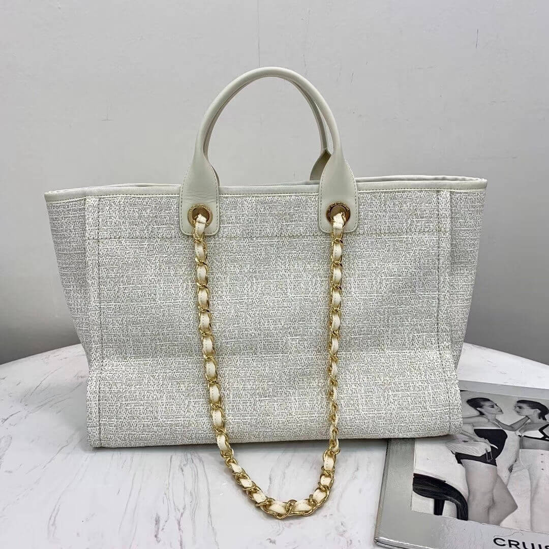 Chanel Deauville Tote 38cm Canvas Bag A66941 White/Gold