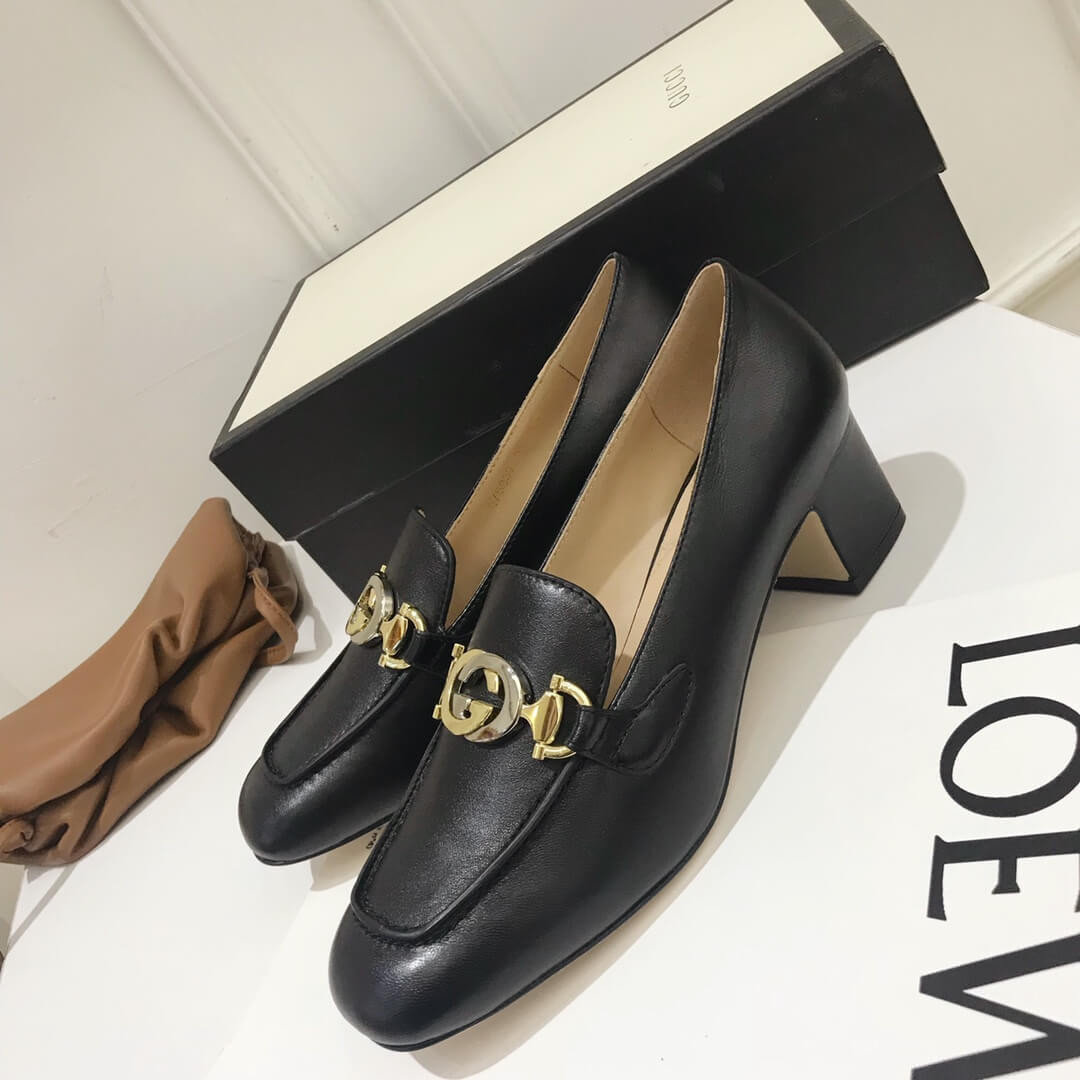 Gucci Zumi Leather Mid-Heel Loafer 575832 Black