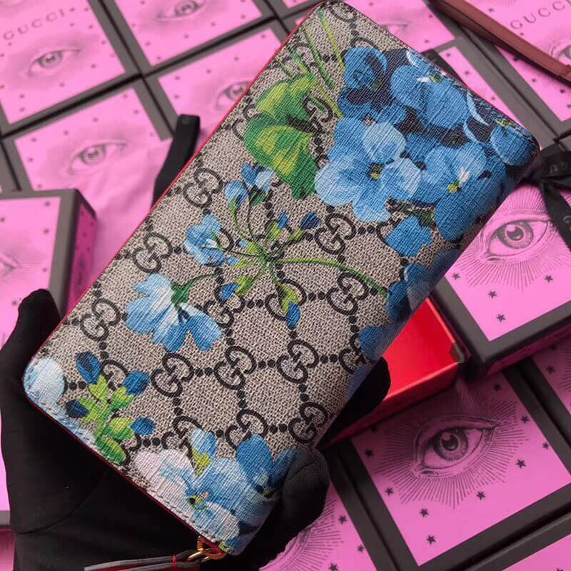Gucci GG Blooms Supreme Zip Around Wallet 404071 Blue