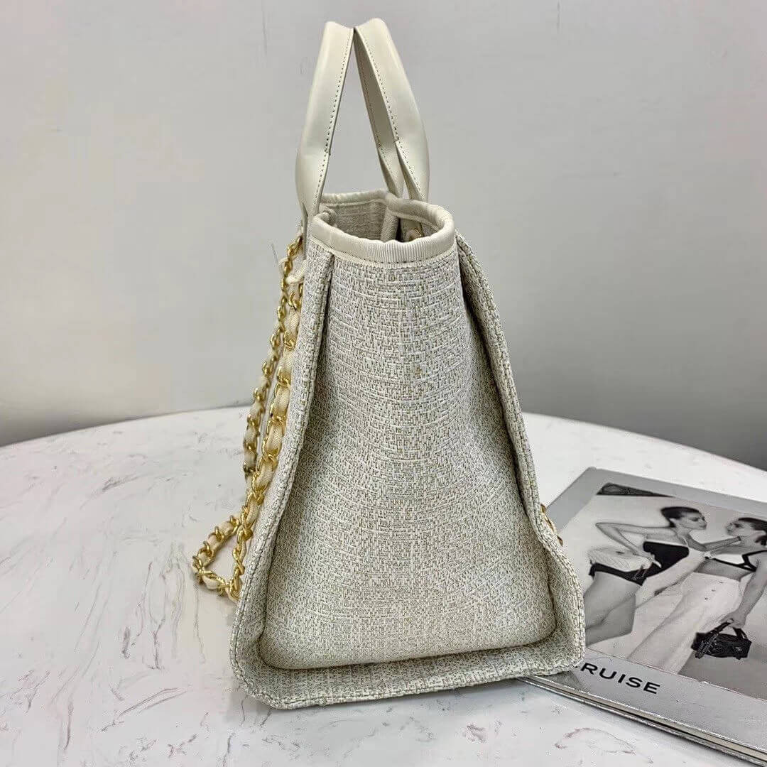 Chanel Deauville Tote 38cm Canvas Bag A66941 White/Gold