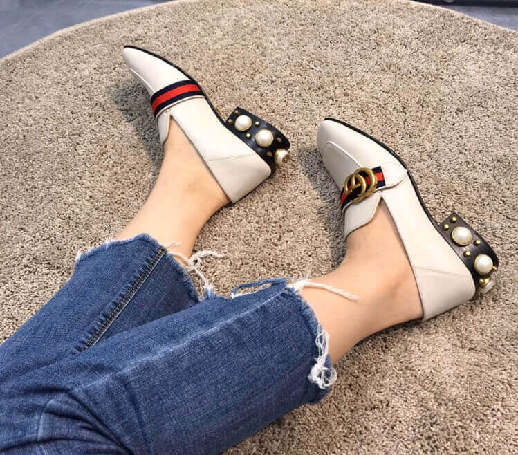 Gucci Calfskin Web Pearl Embellished Mid-Heel Loafer 423559