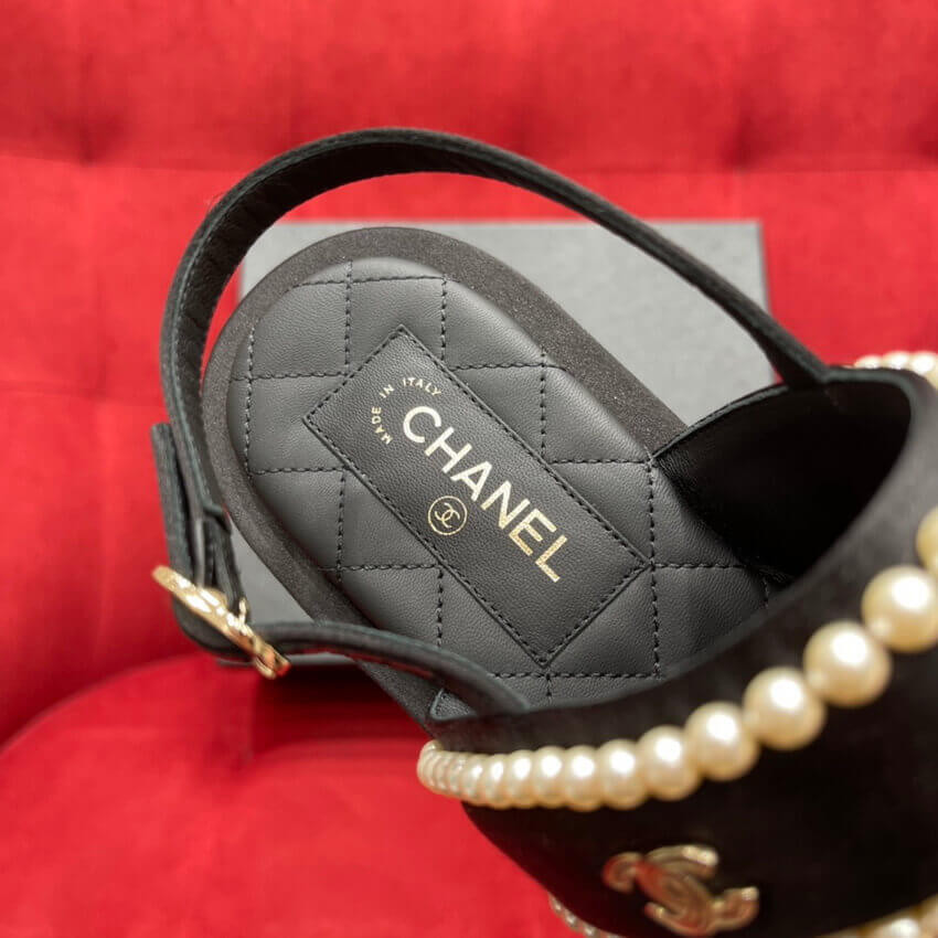 Chanel Satin & Imitation Pearls Sandals G38423 Black