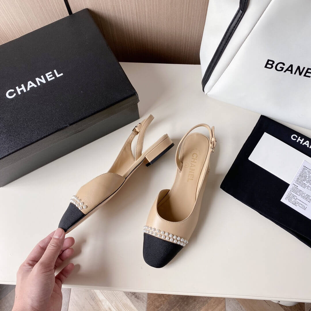 Chanel Pearl Embellished CC Cap Toe Flat Slingbacks 36125