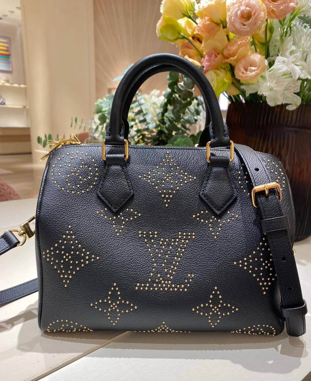 Louis Vuitton Speedy Bandouliere 25 M46736 Black Monogram Empreinte With Studs