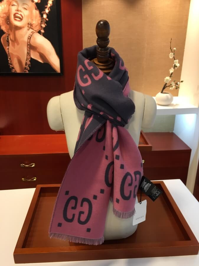 Gucci GG Jacquard Wool Silk Scarf 495592 Blue/Red