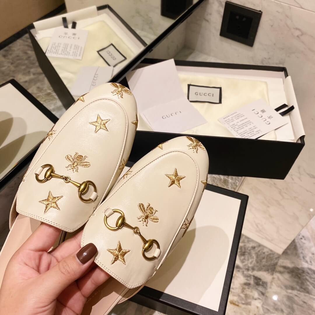 Gucci Princetown Embroidered Leather Slipper 505268 White