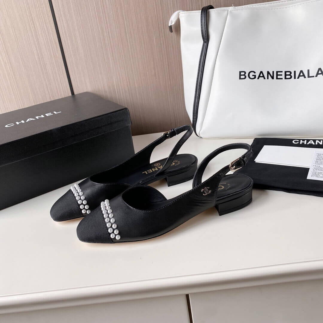 Chanel Pearl Embellished CC Cap Toe Flat Slingbacks 36125