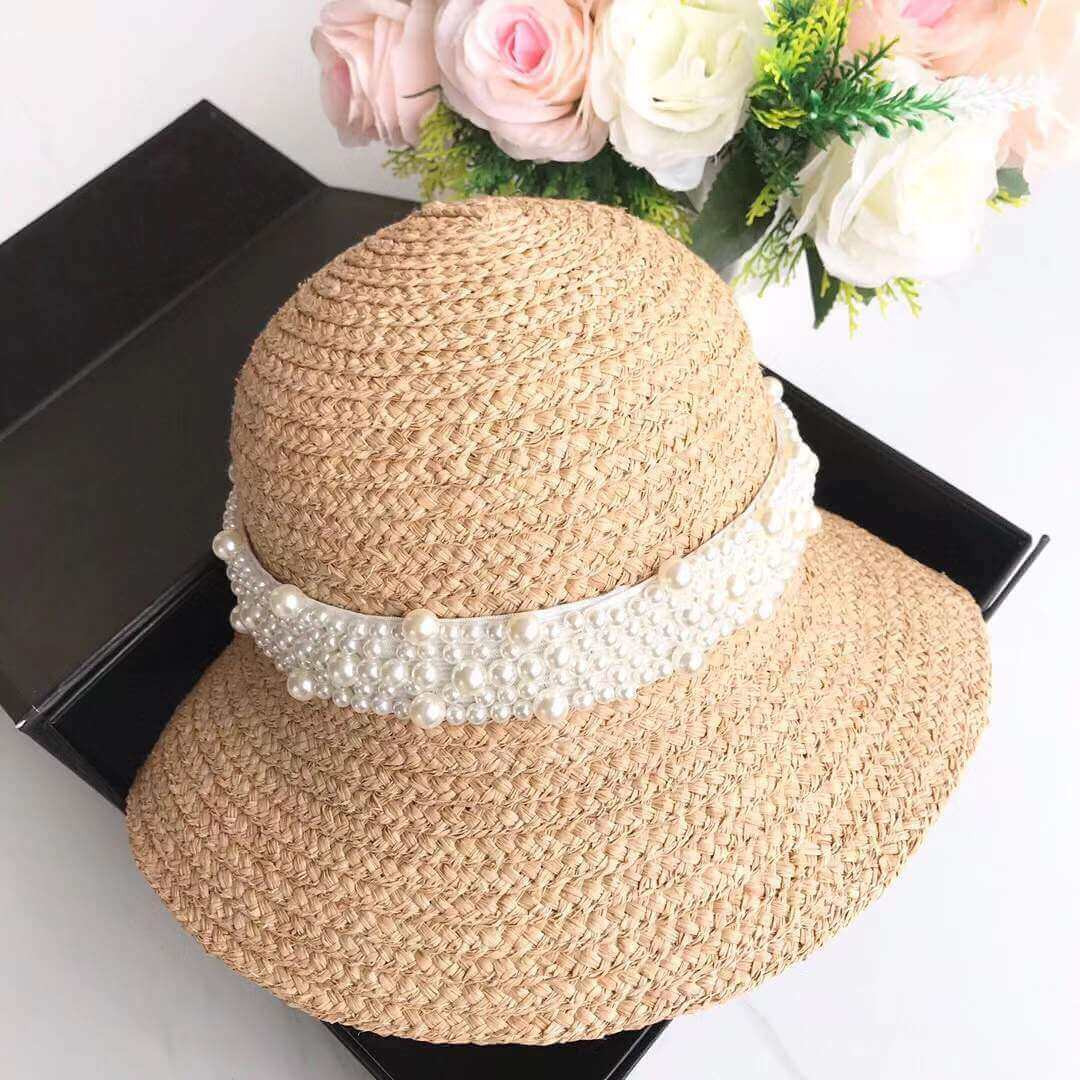 Chanel Straw CC Fedora Hat with Pearl D009