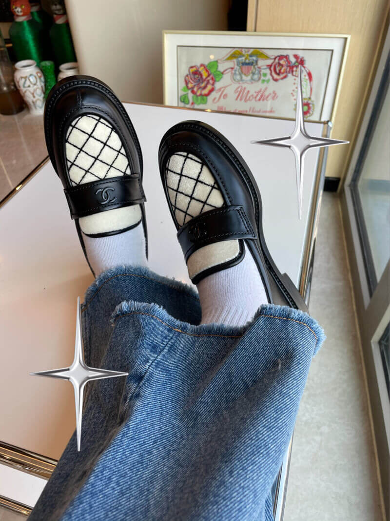 Chanel Black Leather and White Velvet Loafers